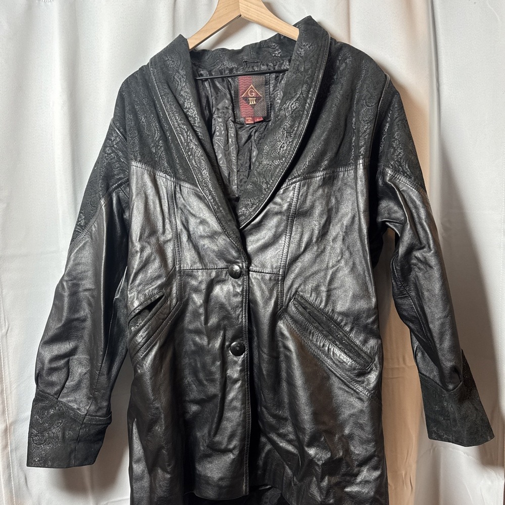 G III‎ Men's Black Long Sleeve 100% Leather Two Button Jacket Size Large